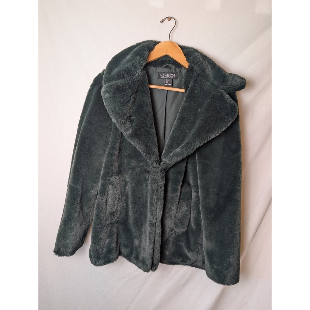 Rachel Zoe Womens Jacket Coat Small Hunter Green Faux Fur Hook And Eye Closure